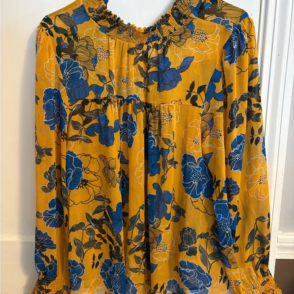 Floral Yellow and Blue Sheer Women's Top